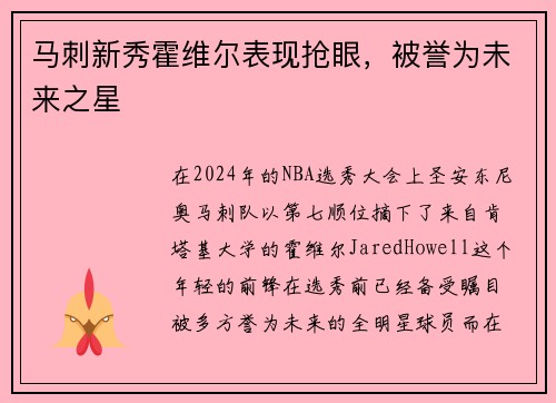 马刺新秀霍维尔表现抢眼，被誉为未来之星