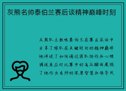 灰熊名帅泰伯兰赛后谈精神巅峰时刻