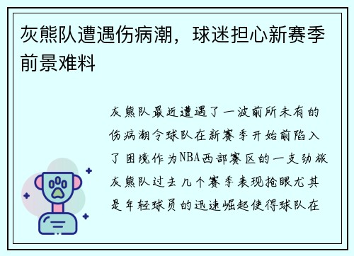 灰熊队遭遇伤病潮，球迷担心新赛季前景难料