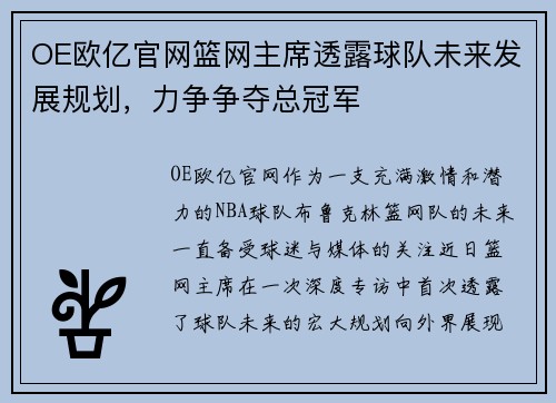 OE欧亿官网篮网主席透露球队未来发展规划，力争争夺总冠军